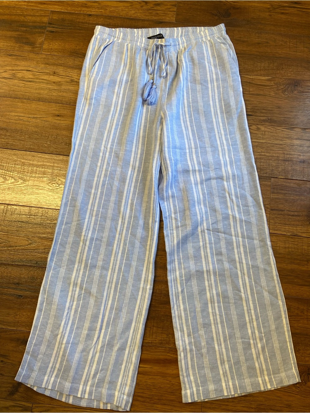 Ellen Tracy Women’s Pants Linen Blend Striped Wide Leg Blue White Tassels Large
